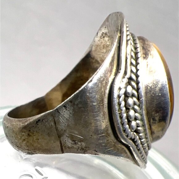 Vintage Sterling Silver Ring Tiger Eye Cabochon Ornate Detailing Boho Statement - Picture 6 of 9